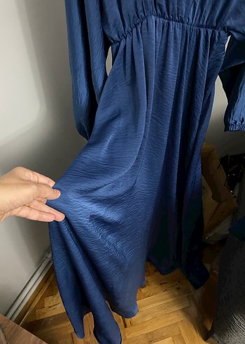 Lacivert V Yaka Uzun Kollu Salaş Elbise - Görsel 4