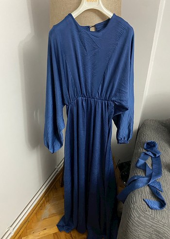 Lacivert V Yaka Uzun Kollu Salaş Elbise - Görsel 6