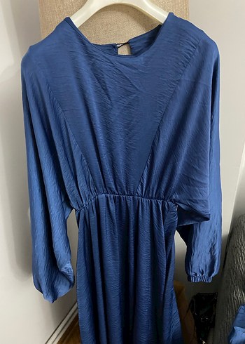 Lacivert V Yaka Uzun Kollu Salaş Elbise - Görsel 3