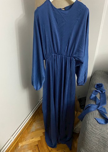 Lacivert V Yaka Uzun Kollu Salaş Elbise - Görsel 2