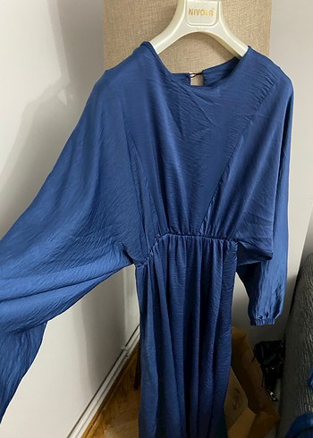 Lacivert V Yaka Uzun Kollu Salaş Elbise - Görsel 5