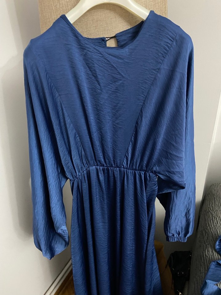 Lacivert V Yaka Uzun Kollu Salaş Elbise - Görsel 3