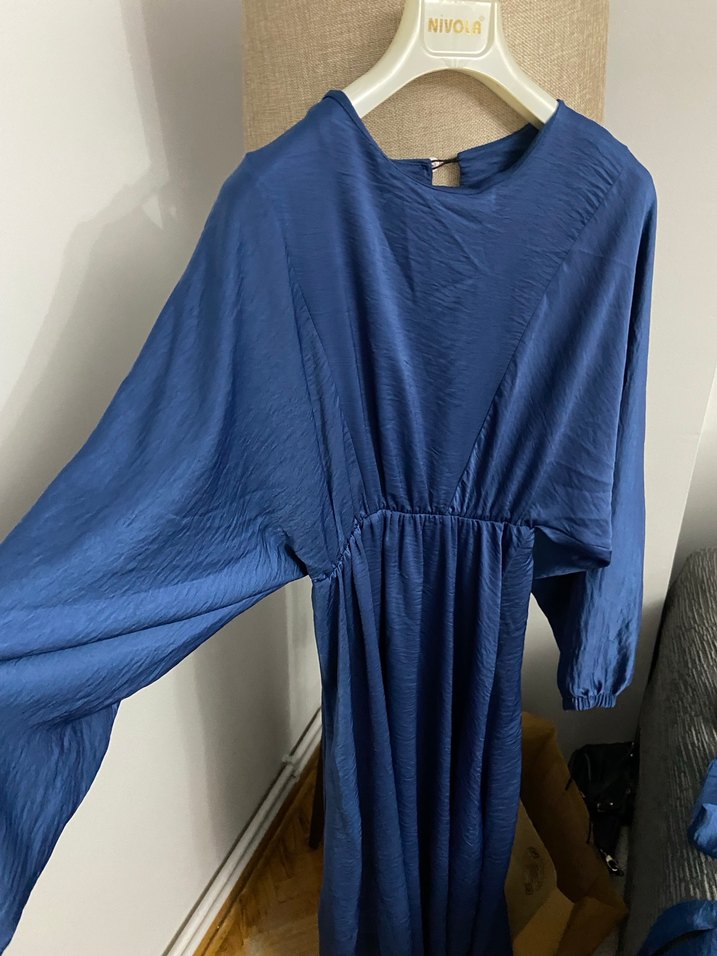 Lacivert V Yaka Uzun Kollu Salaş Elbise - Görsel 5