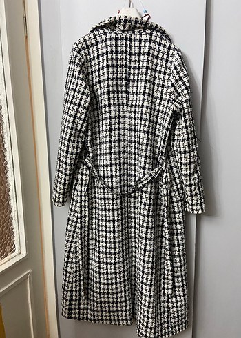 Düğmeli Ekose Desenli Uzun Kadın Kaban - Görsel 7