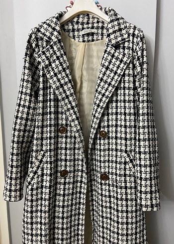 Düğmeli Ekose Desenli Uzun Kadın Kaban - Görsel 2