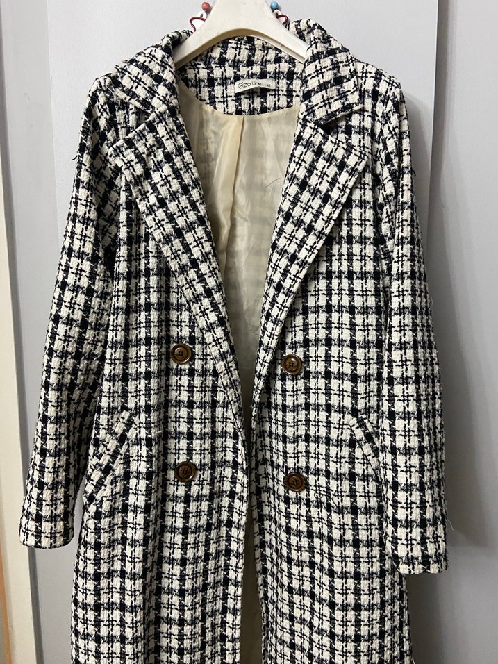 Düğmeli Ekose Desenli Uzun Kadın Kaban - Görsel 2