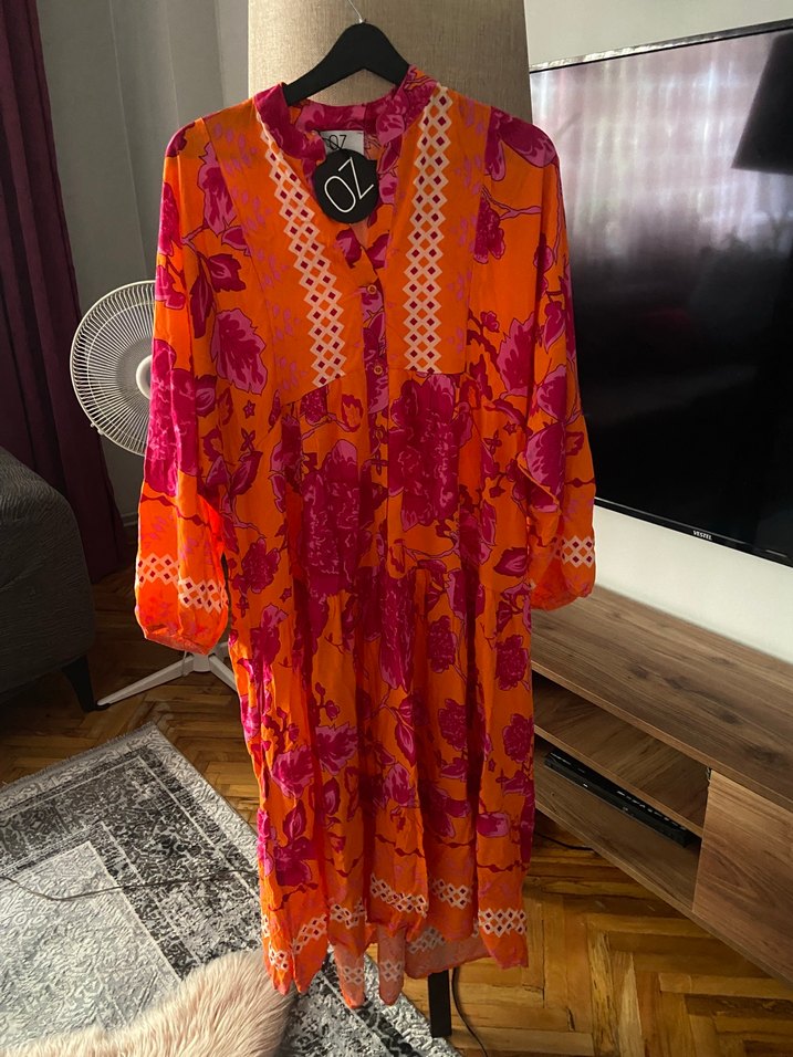 Bohem Çok Renkli Uzun V Yaka Elbise - Görsel 2