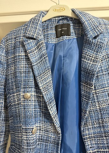 38 Beden Düğmeli Mavi Ekose Midi Blazer