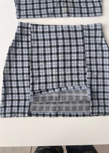 Gri Ekose Mini Etek Crop Bluz set - Görsel 2