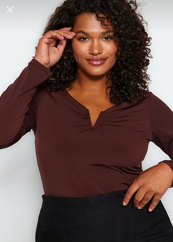 Kahverengi V Yaka Uzun Kollu Kadın Bluz - Görsel 2