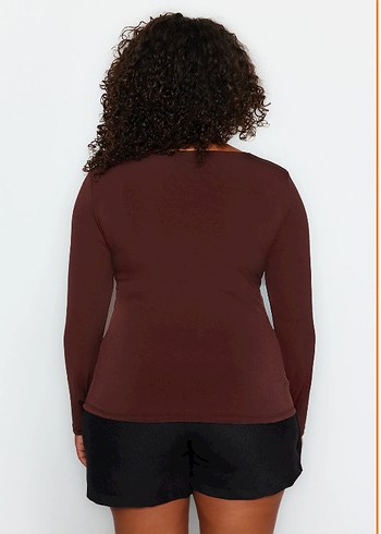 Kahverengi V Yaka Uzun Kollu Kadın Bluz - Görsel 4