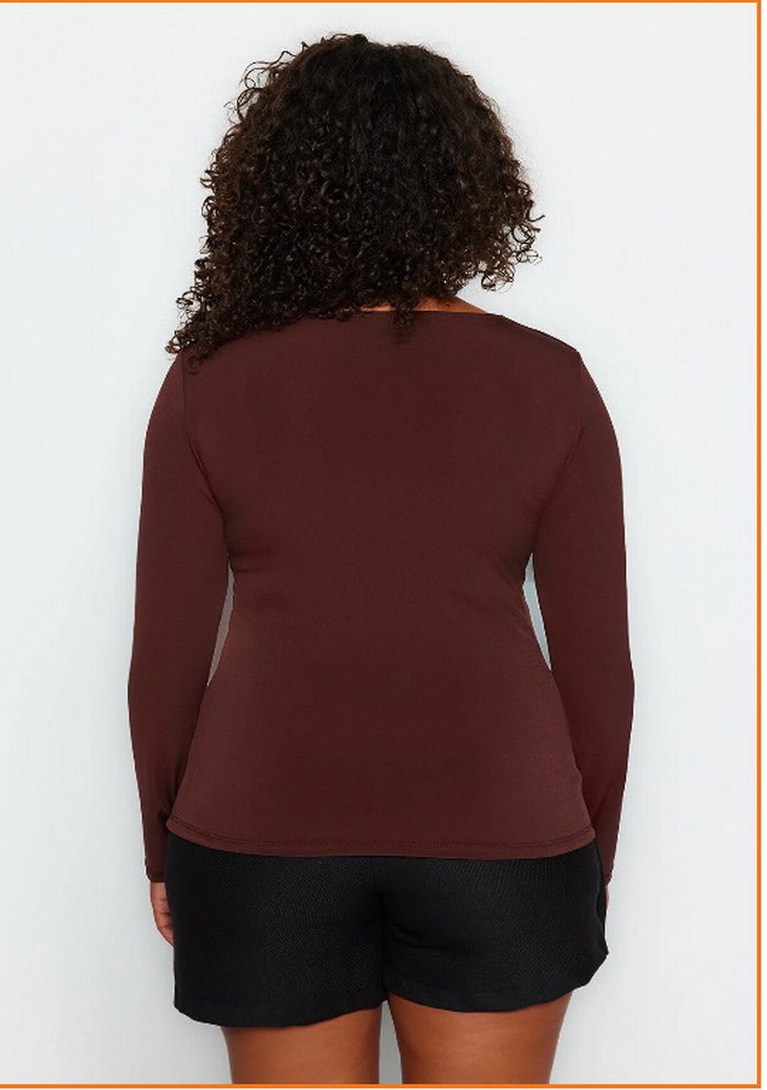 Kahverengi V Yaka Uzun Kollu Kadın Bluz - Görsel 4