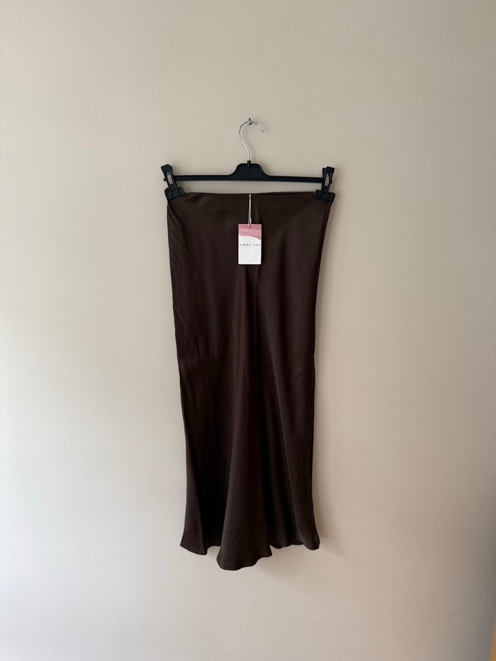 JIMY KEY Dökümlü Kahverengi Saten Kadın Uzun Etek - Görsel 2