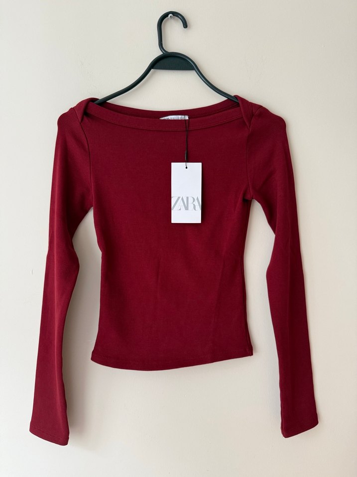 Zara Bordo Uzun Kollu Basic Kadın Bluz - Görsel 2