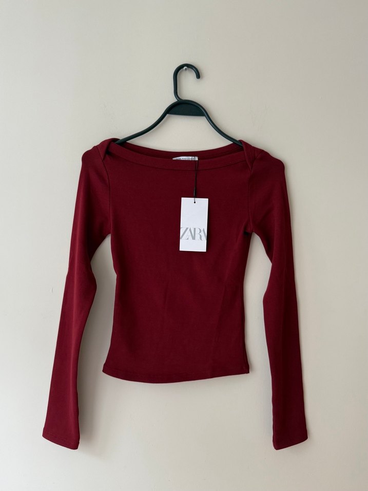 Zara Bordo Uzun Kollu Basic Kadın Bluz - Görsel 3