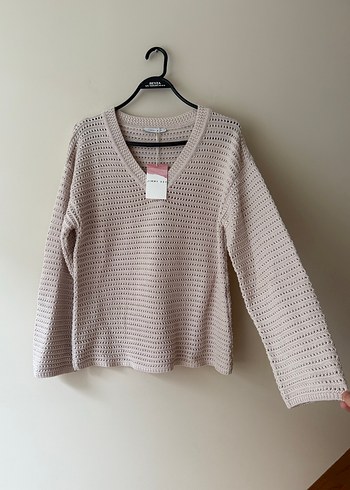 JIM KEY Bej V Yaka Örgü Kadın Kazak - Görsel 3