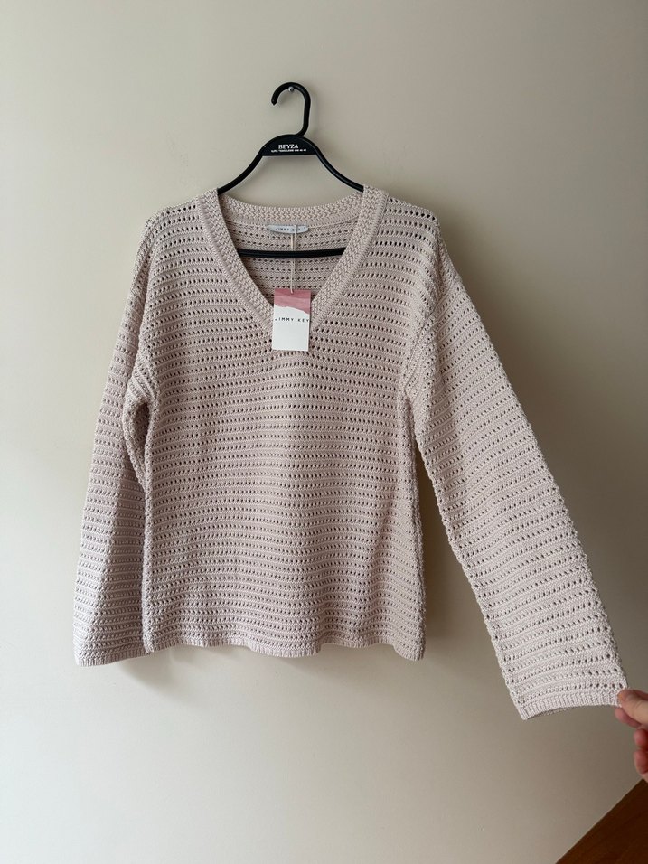 JIM KEY Bej V Yaka Örgü Kadın Kazak - Görsel 3