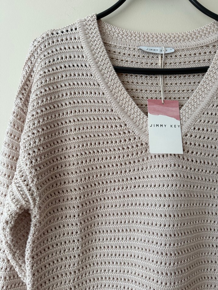 JIM KEY Bej V Yaka Örgü Kadın Kazak - Görsel 4