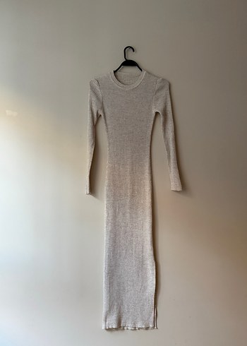 Bej Fitilli Uzun Kollu Triko Elbise - Görsel 3