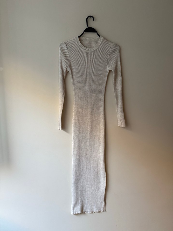 Bej Fitilli Uzun Kollu Triko Elbise - Görsel 2