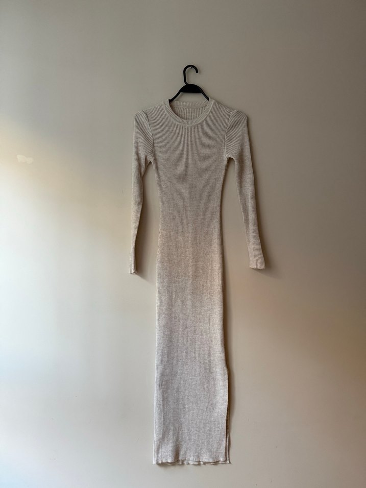 Bej Fitilli Uzun Kollu Triko Elbise - Görsel 3