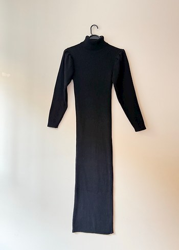 Siyah Boğazlı Fitilli Uzun Triko Elbise - Görsel 2