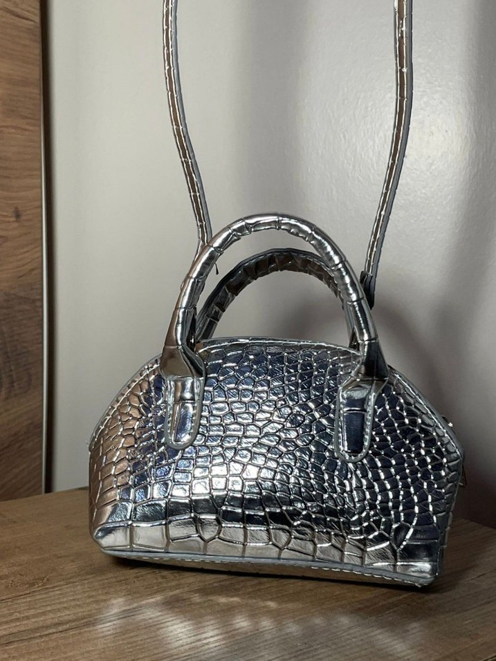 Gri Yılan Derisi Desenli Metal Kadın Çanta - Görsel 5