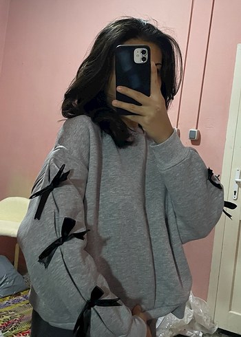 Diğer Gri Kadın Sweatshirt Siyah Fiyonk Detaylı