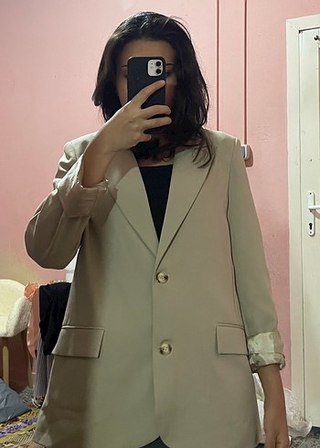 m Beden camel Renk Bej Düğmeli Kadın Blazer Ceket