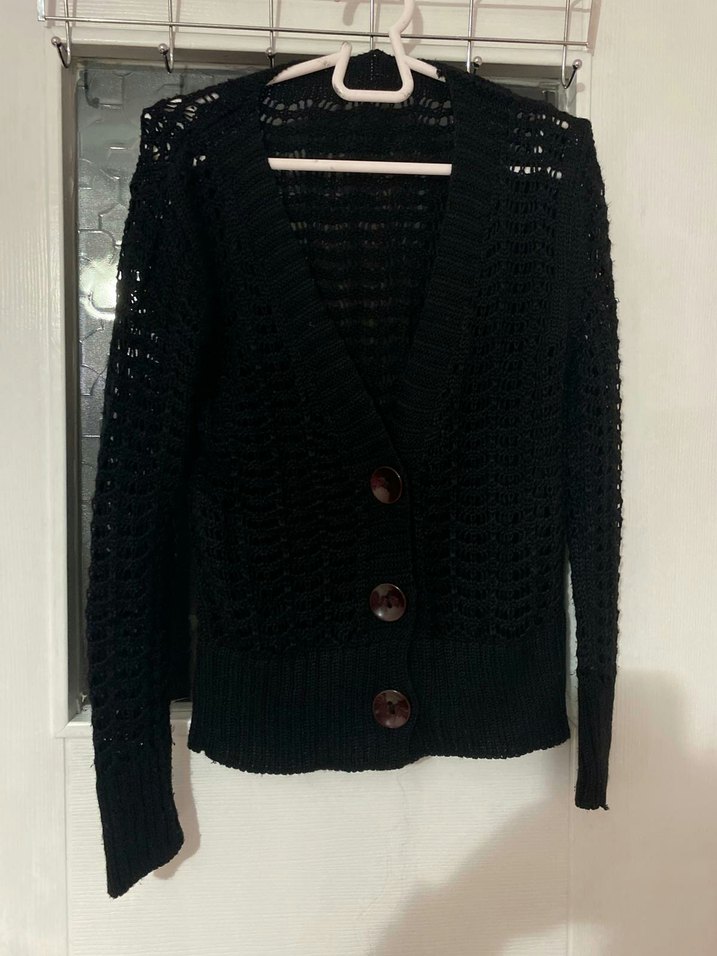 Siyah Örgü Kadın Hırka Uzun Kollu - Görsel 2