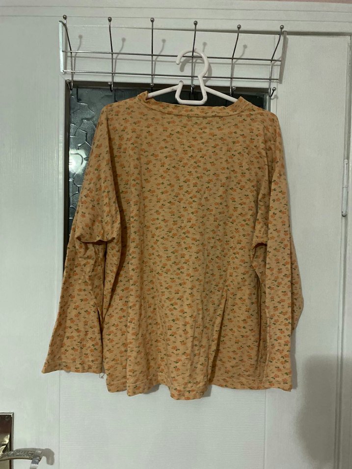 Bej Pamuk Kadın Uzun Kollu Salaş Bluz - Görsel 2