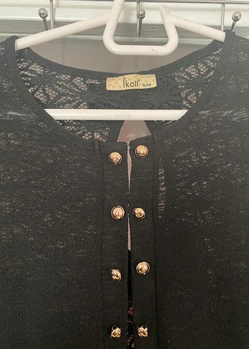 Düğmeli Siyah Kadın Bluz, Kısa, - Görsel 2