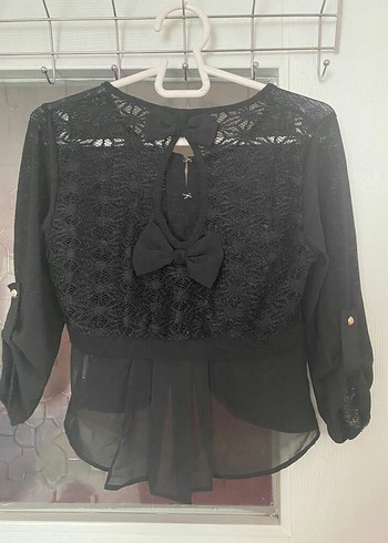 Düğmeli Siyah Kadın Bluz, Kısa, - Görsel 3