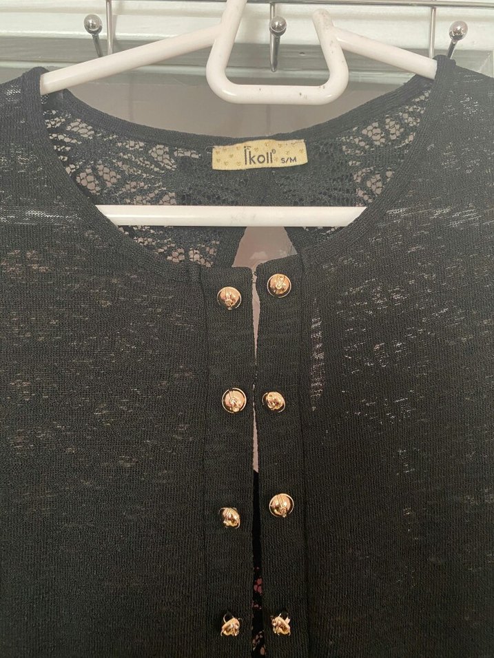 Düğmeli Siyah Kadın Bluz, Kısa, - Görsel 2