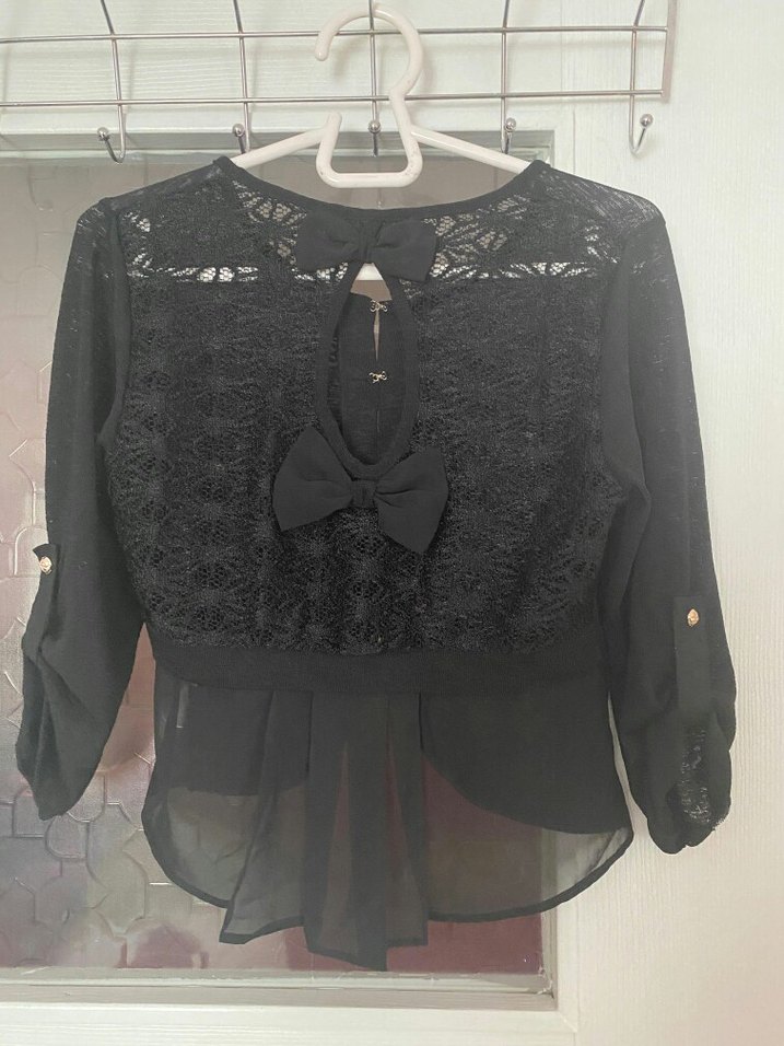 Düğmeli Siyah Kadın Bluz, Kısa, - Görsel 3