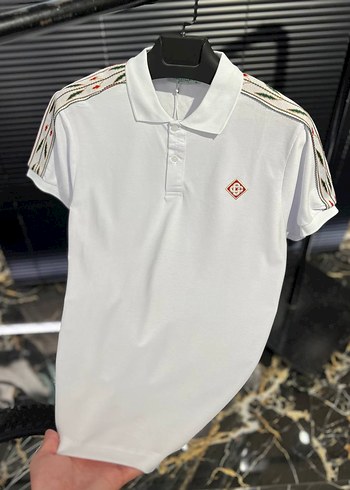 Beyaz Baskılı Kısa Kollu Polo Tişört