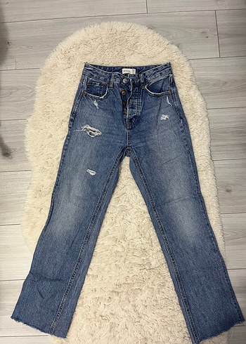Stradivarius Kadın Gri Batik Desenli Bol Kesim Midi Kot Pantolon