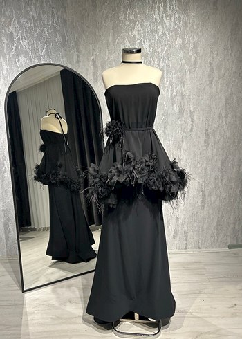 Siyah Drapeli Uzun Straplez Kadın Elbise - Görsel 3