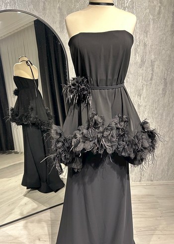 Siyah Drapeli Uzun Straplez Kadın Elbise - Görsel 6