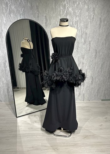 Siyah Drapeli Uzun Straplez Kadın Elbise - Görsel 4