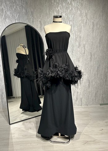 Siyah Drapeli Uzun Straplez Kadın Elbise - Görsel 7