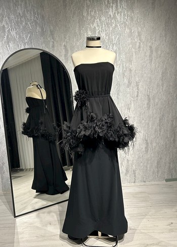 Siyah Drapeli Uzun Straplez Kadın Elbise - Görsel 2