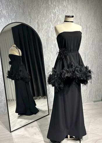 Siyah Drapeli Uzun Straplez Kadın Elbise - Görsel 9