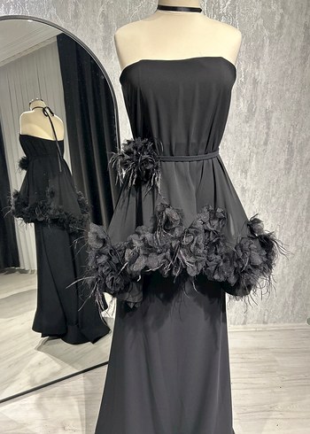 Siyah Drapeli Uzun Straplez Kadın Elbise - Görsel 5