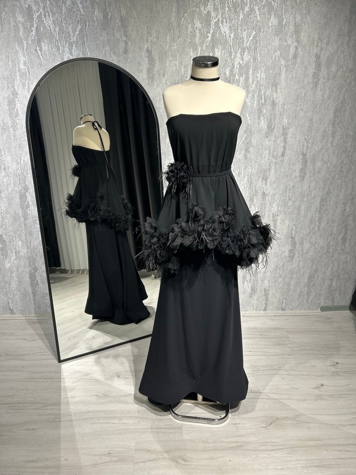 Siyah Drapeli Uzun Straplez Kadın Elbise - Görsel 4