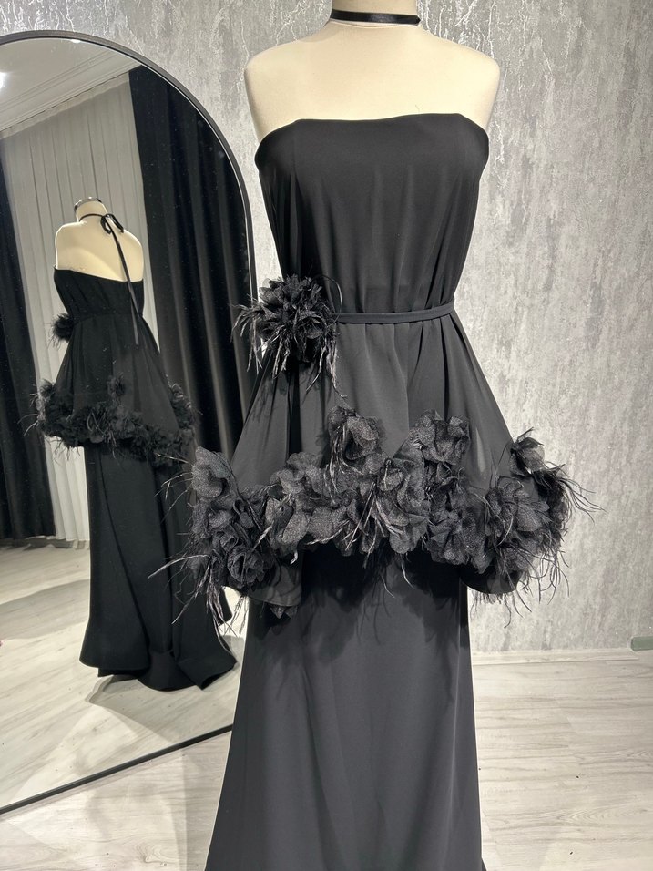 Siyah Drapeli Uzun Straplez Kadın Elbise - Görsel 5