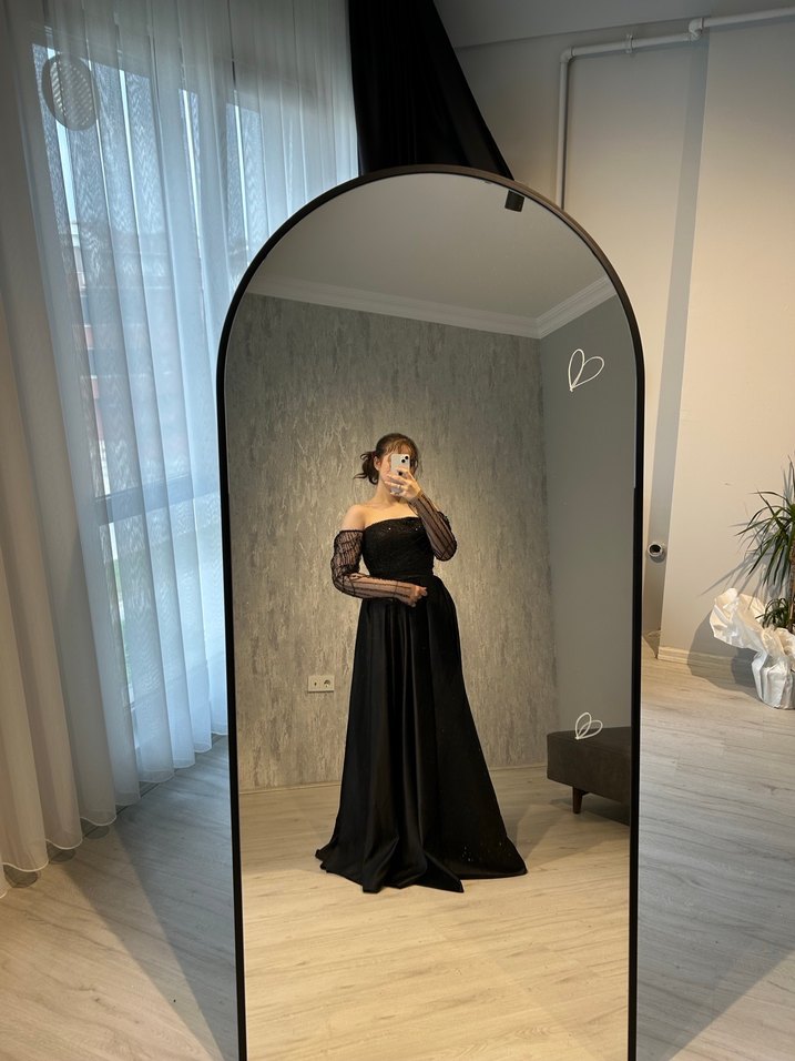 Siyah Drapeli Uzun Straplez Abiye Elbise - Görsel 2