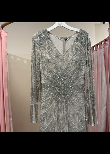 İnci İşlemeli Uzun Gri Abiye Elbise - Görsel 2