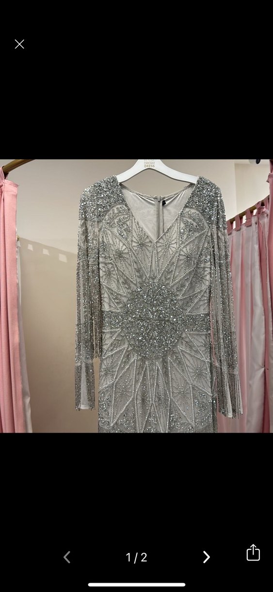 İnci İşlemeli Uzun Gri Abiye Elbise - Görsel 2