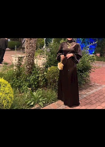 Abiye Kahve rengiUzun Kollu Drapeli Kadın Elbise